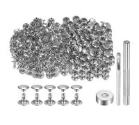 sourcing map 200 Sets Leather Rivets 9mm x 8mm Metal Double Cap Rivet Snaps Studs Fasteners with 3pcs Setting Tools Rivets for Leather Craft DIY Repair Decoration, Silver Tone