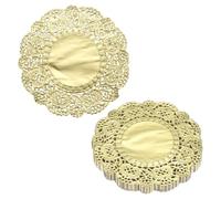 sourcing map 200pcs Lace Paper Doilies 3.5 Inch Gold Round Disposable Decorative Paper Placemats Hollow Flower Absorbing Papers for Cakes Desserts Food Decoration Wedding Birthday