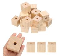 sourcing map 20Pcs Wooden Blocks with Holes, 1.6 Inch Unfinished Wooden Cube Square Solid Wood Beads Unfinished Wood Blocks for Crafts DIY Projects, Building