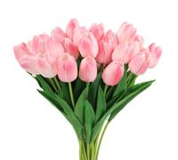 sourcing map 24Pcs Fake Tulips Artificial Flowers, PU Artificial Tulips Real Touch with Stems for Home Decor Wedding Hotel Office Centerpiece Decor, Pink White