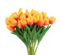 sourcing map 24Pcs Fake Tulips Artificial Flowers, PU Artificial Tulips Real Touch with Stems for Home Decor Wedding Hotel Office Centerpiece Decor, Orange