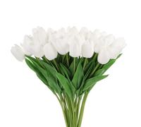sourcing map 24Pcs Fake Tulips Artificial Flowers, PU Artificial Tulips Real Touch with Stems for Home Decor Wedding Hotel Office Centerpiece Decor, White