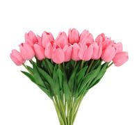 sourcing map 24Pcs Fake Tulips Artificial Flowers, PU Artificial Tulips Real Touch with Stems for Home Decor Wedding Hotel Office Centerpiece Decor, Pink