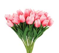 sourcing map 24Pcs Fake Tulips Artificial Flowers, PU Artificial Tulips Real Touch with Stems for Home Decor Wedding Hotel Office Centerpiece Decor, Deep Pink