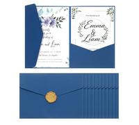 sourcing map 25 Pcs A7 Invitation Pocket Envelopes with Gold Sealing Wax Sticker 5x7 Tri-fold Wedding Invitation Cards for Wedding Birthday Anniversary Graduation Invite Pocket, Dark Blue