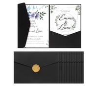 sourcing map 25 Pcs A7 Invitation Pocket Envelopes with Gold Sealing Wax Sticker 5x7 Tri-fold Wedding Invitation Cards for Wedding Birthday Anniversary Graduation Invite Pocket, Black