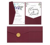 sourcing map 25 Pcs A7 Invitation Pocket Envelopes with Gold Sealing Wax Sticker 5x7 Tri-fold Wedding Invitation Cards for Wedding Birthday Anniversary Graduation Invite Pocket, Wine Red