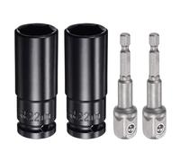 sourcing map 2pcs 1/2" Drive 22mm 6-Point Deep Sockets 3" Length with 2pcs 1/2" to 1/4" Hex Shank Adapters Sandblasted, CR-V Steel Socket Adapter Accessory Set Kit for Hex Bolts Nuts