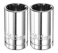 sourcing map 2pcs 12 Point Socket 1/2" Drive by 15mm Metric Shallow Socket Chrome Vanadium Steel 12-Point Standard Sockets Mechanic Hand Tool for Car Repair Mechanical Maintenance Home Use