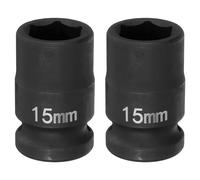sourcing map 2pcs 6 Point Impact Socket 15mm Metric Socket 1/2" Square Drive 1.5" (38mm) Long Phosphated Cr-Mo Steel Spindle Axle Hex Nut Sockets, Black