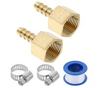 sourcing map 2Pcs Brass Hose Barb Fittings, 1/4" Barb x 3/8" NPT Female Hose Connectors with Hose Clamps for Water Fuel Gas Oil Transportation