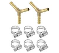 sourcing map 2pcs Brass Hose Barb Fittings, 3-Way Y-Shaped 1/4" Barbed x 1/4" Barbed x 1/4" Barbed Hose Reducer, Brass Barb Fitting Reducer with 6pcs Hose Clamps for Water Fuel Air
