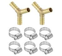 sourcing map 2pcs Brass Hose Barb Fittings, 3-Way Y-Shaped 3/8" Barbed x 3/8" Barbed x 3/8" Barbed Hose Reducer, Brass Barb Fitting Reducer with 6pcs Hose Clamps for Water Fuel Air