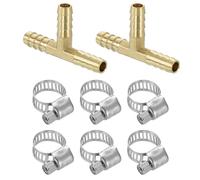 sourcing map 2pcs Brass Tee Barb Fittings, 3-Ways Tee 1/4" x 1/4" x 1/4" Barbed Hose Reducer, Tee Brass Barb Fitting Reducer with 6pcs Hose Clamps for Water Fuel Air