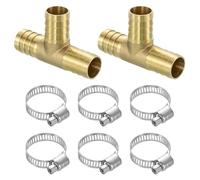 sourcing map 2pcs Brass Tee Barb Fittings, 3-Ways Tee 3/4" x 3/4" x 3/4" Barbed Hose Reducer, Tee Brass Barb Fitting Reducer with 6pcs Hose Clamps for Water Fuel Air
