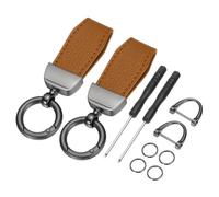 sourcing map 2Pcs Car Key Chain, Zinc Alloy Leather Car Keychain Anti-lost D-Ring Key Chain Fob 360 Degree Rotatable Decorative with Screwdriver for Men and Women, Metallic Black/Brown