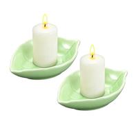 sourcing map 2Pcs Ceramic Candle Holder Plates, 4.3 x 3'' Leaf Shaped Candlestick Holder Decorative Dish Small Candle Plate for Tea Light Aromatherapy Wedding Rustic Vintage Home, Light Green