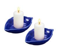 sourcing map 2Pcs Ceramic Candle Holder Plates, 4.3 x 3'' Leaf Shaped Candlestick Holder Decorative Dish Small Candle Plate for Tea Light Aromatherapy Wedding Rustic Vintage Home, Dark Blue