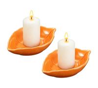 sourcing map 2Pcs Ceramic Candle Holder Plates, 4.3 x 3'' Leaf Shaped Candlestick Holder Decorative Dish Small Candle Plate for Tea Light Aromatherapy Wedding Rustic Vintage Home, Orange