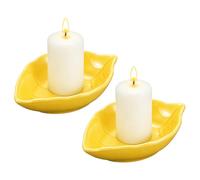 sourcing map 2Pcs Ceramic Candle Holder Plates, 4.3 x 3'' Leaf Shaped Candlestick Holder Decorative Dish Small Candle Plate for Tea Light Aromatherapy Wedding Rustic Vintage Home, Yellow