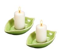 sourcing map 2Pcs Ceramic Candle Holder Plates, 4.3 x 3'' Leaf Shaped Candlestick Holder Decorative Dish Small Candle Plate for Tea Light Aromatherapy Wedding Rustic Vintage Home, Green