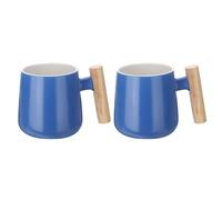 sourcing map 2pcs Ceramic Coffee Mug 12.85 Oz Simple Wooden Handle Large Coffee Mugs Handmade Ceramic Tea Cup for Latte Coffee Tea Soup for Office Home and Gifts for Women and Men, Blue