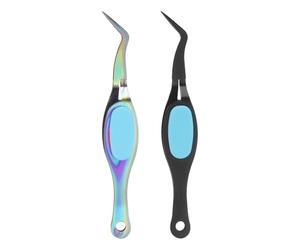 sourcing map 2pcs Craft Tweezers Precision Crossing Lock Curved Stainless Steel Soft Reverse Grip Fine Tip Tweezers for DIY Craft Jewelry Beading Electronics, Black Rainbow Blue