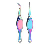 sourcing map 2pcs Craft Tweezers Precision Crossing Lock Curved Straight Stainless Steel Soft Reverse Grip Fine Tip Tweezers for DIY Craft Jewelry Beading Electronics, Rainbow Pink Blue