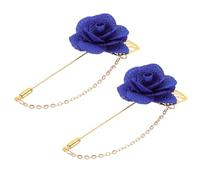 sourcing map 2Pcs Flower Lapel Stick Brooch Pin with Gold Leaf Brooch Satin Tassel Chain Dangling Handmade Boutonnieres Pins for Suit Collar Wedding Party, Bright Blue
