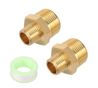 sourcing map 2pcs Hex Nipple Brass Pipe Fitting, 3/8 NPT Male x 3/4 NPT Male Threaded Pipe Adapter Pipe Connector with PTFE Tape, Gold Tone