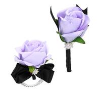 sourcing map 2Pcs Rose Wrist Corsage Boutonnieres Set, Artificial Wrist Corsages Men Boutonnieres with Black Satin Ribbon Rhinestone Decor for Prom Wedding Party, Light Purple