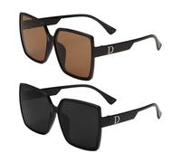 sourcing map 2pcs Sunglasses for Women Men, PC Large Frame D-Shaped Trendy Sunglasses Sunshine Protection Shades for Driving, Shopping and Taking Photos, Black & Bright Black