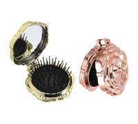 sourcing map 2Pcs Travel Hair Brush with Mirror, Rose Shape Mini Massage Hairbrush Makeup Pocket Mirror Folding Comb for Purse Women Girls Gym Camping Party and Daily Use, Gold/Rose Gold