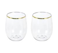 sourcing map 2pcs Wine Glasses 12oz PET with Gold Trim Drinking Glasses Stemless for Wine Glasses Red White Wine Birthdays Weddings Father's Day Bachelor Parties