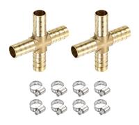 sourcing map 2Set Brass Cross Pipe Fitting with Hose Clamp, 10mm Cross Barb Union Fitting Pipe Adapter for Water/Fuel/Air Transport Connect Pipelines