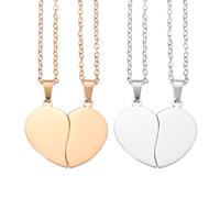 sourcing map 2Set Broken Heart Pendant Couple Necklace, Stainless Steel Engravable Best Friend Forever Pendant Adjustable Matching Necklace Two Half Hearts Charm(1.1", Silver/Rose Gold)