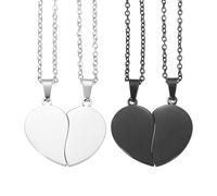 sourcing map 2Set Broken Heart Pendant Couple Necklace, Stainless Steel Engravable Best Friend Forever Pendant Adjustable Matching Necklace Two Half Hearts Charm(1.1", Silver/Black)