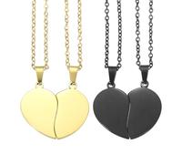 sourcing map 2Set Broken Heart Pendant Couple Necklace, Stainless Steel Engravable Best Friend Forever Pendant Adjustable Matching Necklace Two Half Hearts Charm(1.1", Golden/Black)