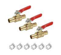 sourcing map 3/8" Mini Ball Valve, Brass Shut-Off Valve Switch Hose Barb Pipe Tube Fittings with Clamp 90 Degree Red Operation Handle, Brass Valve, 3 Set