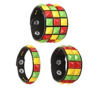 sourcing map 3 Pcs Leather Punk Bracelet 8.7"/22cm Square Rivets Goth Spike Studded Bracelet Adjustable Wristband Cuff Bangle for Halloween Party Favors Emo Grunge Accessories, Red Green Yellow