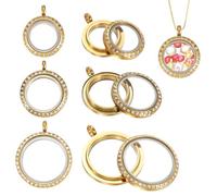 sourcing map 3 Pcs Living Memory Locket Charm, 12.7/18/23mm Rhinestone Rotation Round Floating Locket Pendants Stainless Steel Glass Photo Charm for Women Necklace DIY Making Wedding, Gold