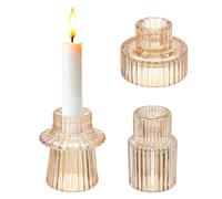 sourcing map 3 Pcs Taper Glass Candle Holder, 2.2/1.6/1.4 Inch Vintage Ribbed Taper Candle Holders Small Tealight for Wedding Table Centerpieces Parties Home Decor, Amber