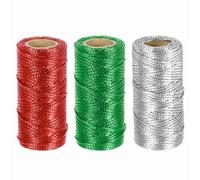 sourcing map 3 Roll 1.5mm Metallic String, 16 Ply Decorative Metallic Bakers Twine Thread Cord Rope for Gift Wrapping DIY Crafts Making Decor, Red/Green/Silver Tone, 164Yards Total