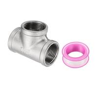 sourcing map 304 Stainless Steel Tee Pipe Fittings G1 Female Tee Adapter 3 Way t Shaped Cast Pipe Fitting Connector with Seal Tape for Plumbing Drainage Pipes Heating Systems