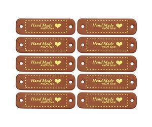 sourcing map 30pcs Handmade PU Leather Label Sew on Embossed Tag Embellishment 2.17" L for Jeans Bags Shoes Hat Brown Gold