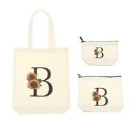 sourcing map 3Pcs Cute Sunflower Initial Canvas Tote Bag for Women, 3 Size Reusable Tote Bags with Letter B Personalized for Wedding Sister Bridesmaid Gifts Beach Teacher Shopping