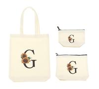 sourcing map 3Pcs Cute Sunflower Initial Canvas Tote Bag for Women, 3 Size Reusable Tote Bags with Letter G Personalized for Wedding Sister Bridesmaid Gifts Beach Teacher Shopping