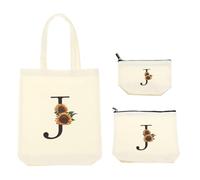 sourcing map 3Pcs Cute Sunflower Initial Canvas Tote Bag for Women, 3 Size Reusable Tote Bags with Letter J Personalized for Wedding Sister Bridesmaid Gifts Beach Teacher Shopping