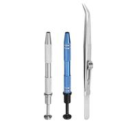 sourcing map 3pcs Diamond Tweezer Holder Pick Up Tool Set Stainless Steel 4 Claw Holder Elbow Head Jewelry Locking Tweezer for Tiny Objects Electronic Components, Silver/Blue