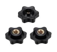 sourcing map 3pcs Star Clamping Nuts 1/4" Female Thread 25mm 6-Point Plastic Head Brass Insert Through Hole Screw-in Threaded Knob Hand Tightening Clamping Handles, Black